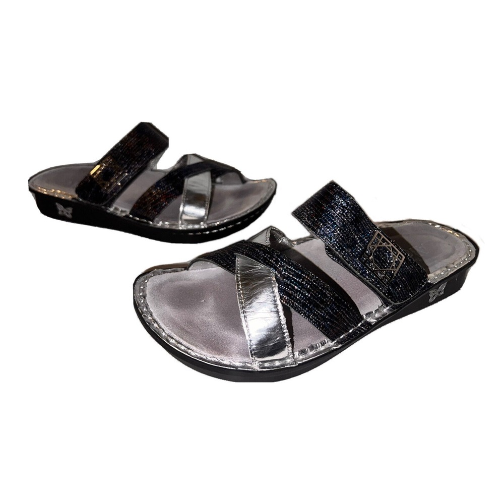 Alegria PG Lite Womens 7-7.5/37 Metallic Silver Black Slide Sandals Rocker Sole - Picture 2 of 10